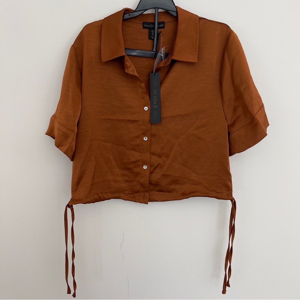 NWT - House of Harlow 1960 copper satin button up blouse and wide leg pants